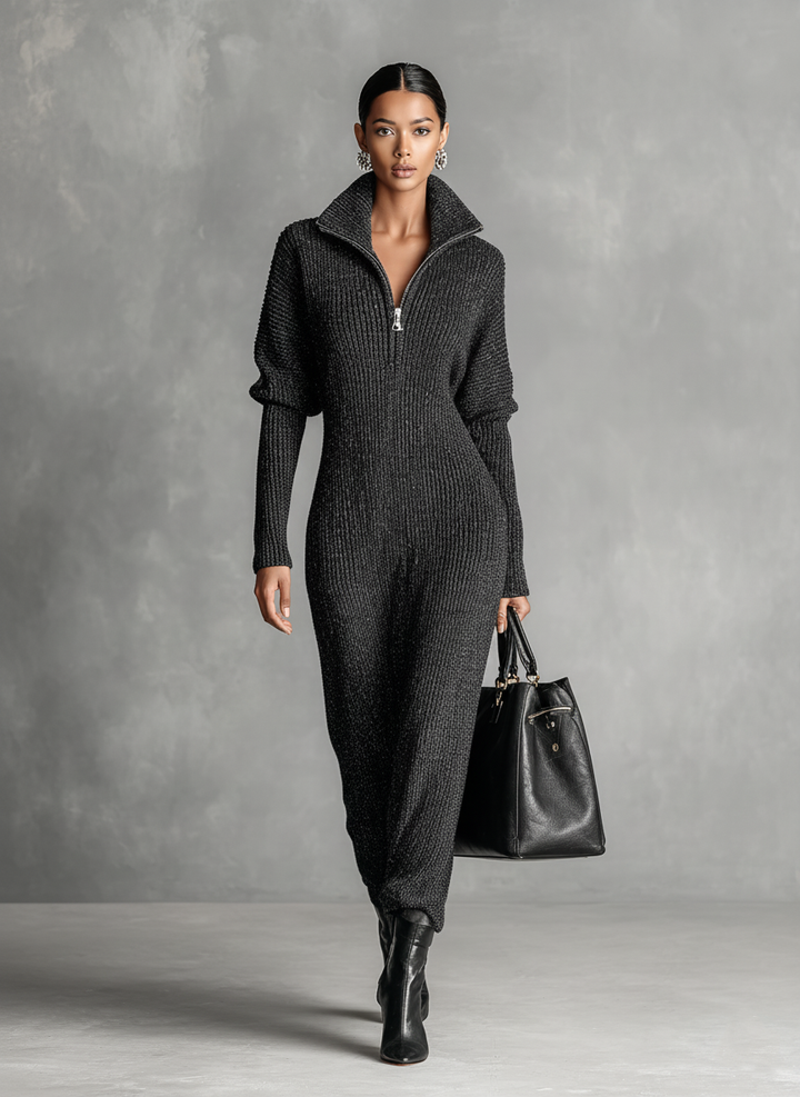 Vestido largo de punto con cuello de cremallera y color liso minimalista para mujer