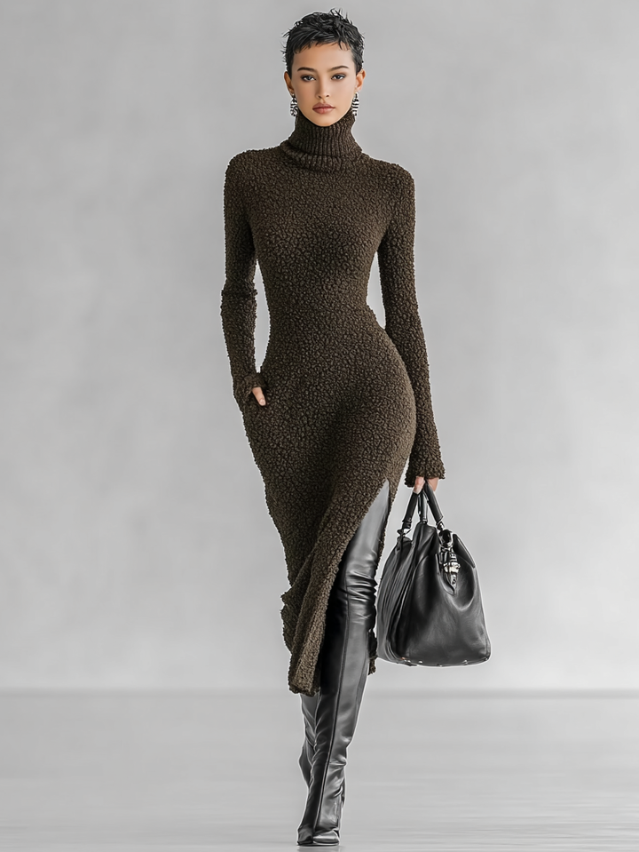 Robe midi ajustée en maille pelucheuse à col montant et fente latérale pour femme