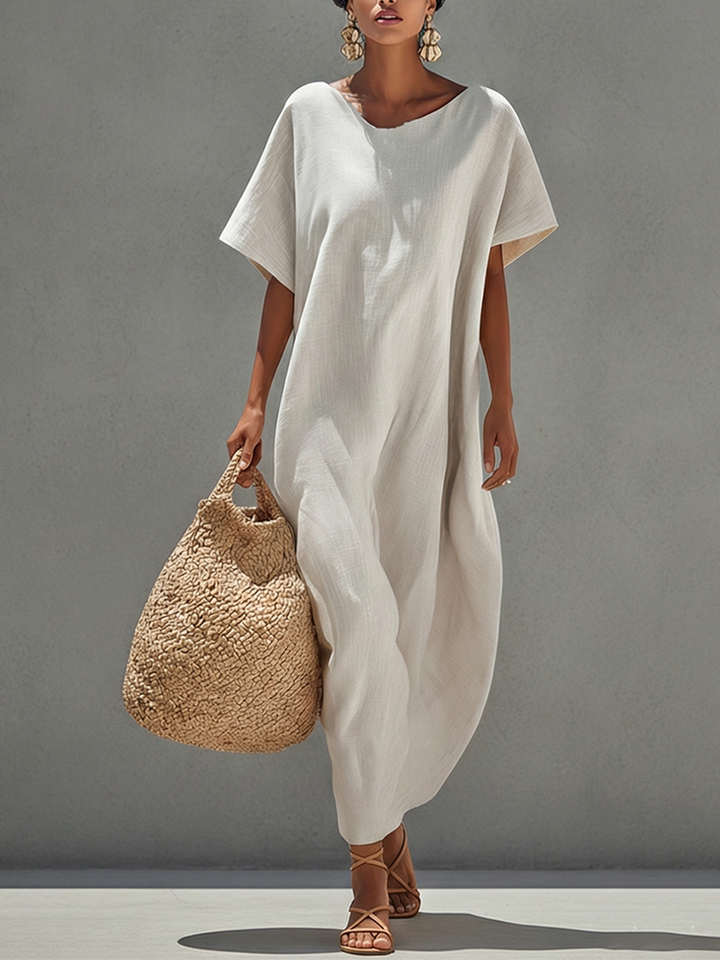 Women's White Linen Dress With Relaxed Fit & Minimalist Design, Timeless Resort-Casual Style Dress