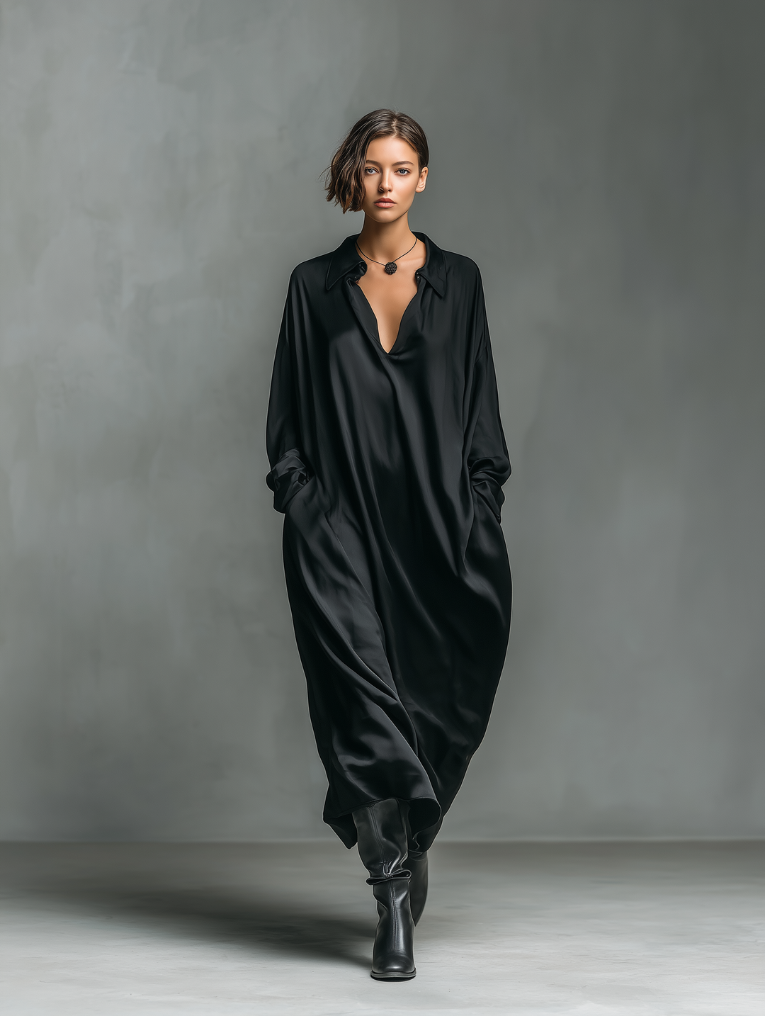 Women's Fashionable Casual Black Glossy Satin Long-sleeved Loose-fitting Maxi Dress With Pockets