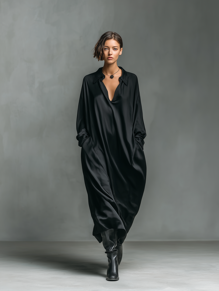 Women's Fashionable Casual Black Glossy Satin Long-sleeved Loose-fitting Maxi Dress With Pockets