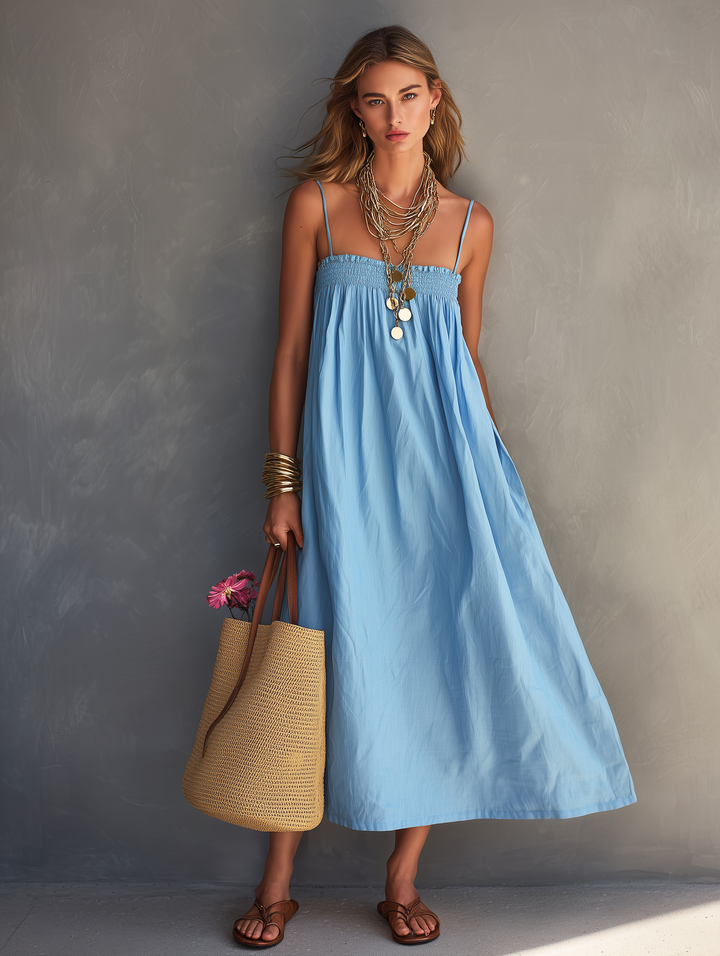 Women's Vacation Style Blue Cotton Linen Sleeveless Loose Long Dress