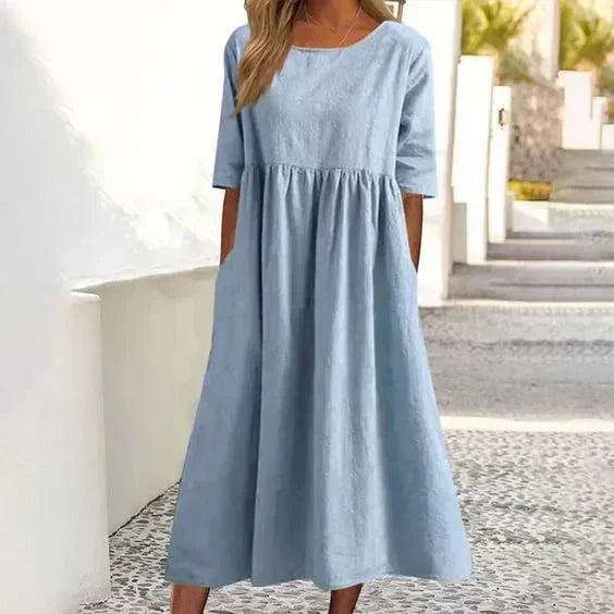 Women’s Relaxed Midi Dress with Round Neck and Short Sleeves