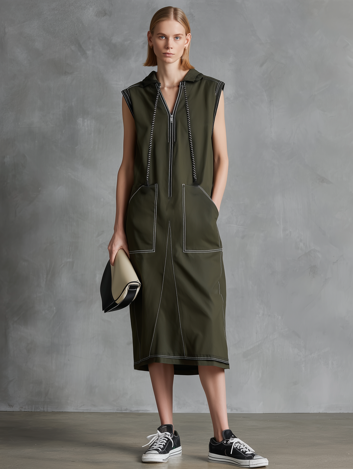 Women's Casual Dark Green Woven Sleeveless Straight Midi Dress