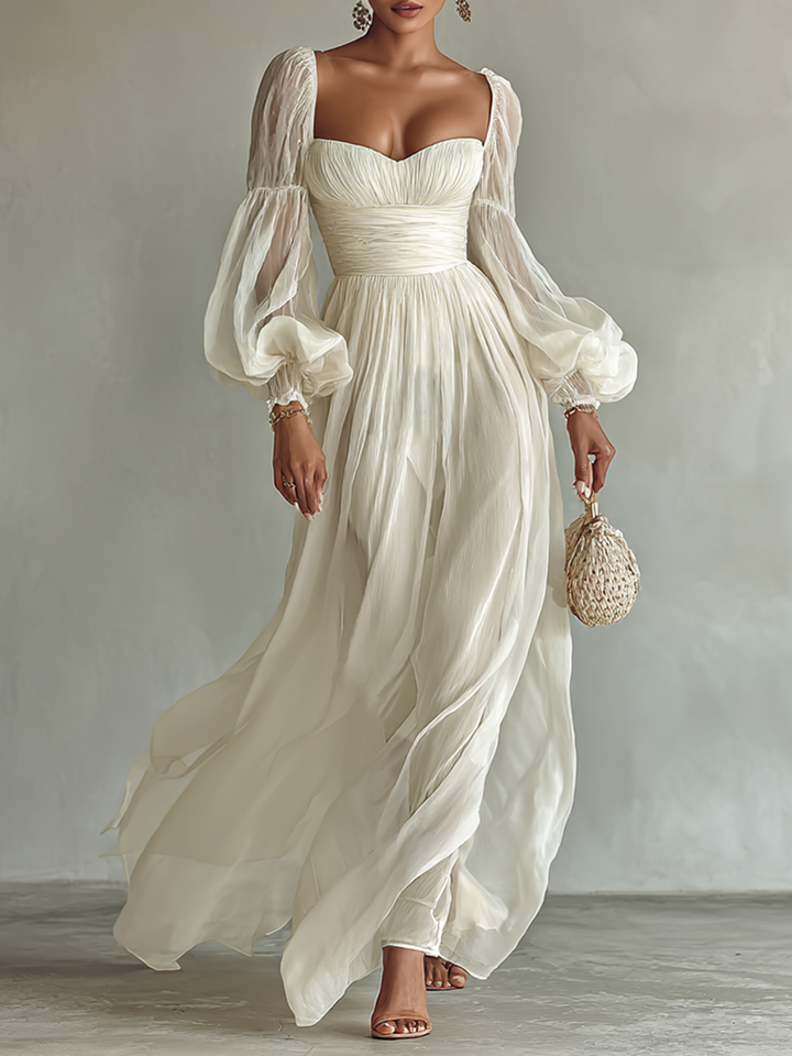 Vestido Longo Feminino de Chiffon com Decote Quadrado e Manga Longa na Cintura