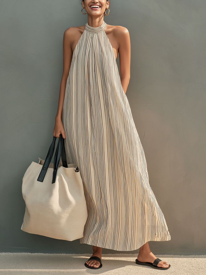 Women's Casual Beige Striped Woven Round Neck Sleeveless Loose-fitting Long Dress