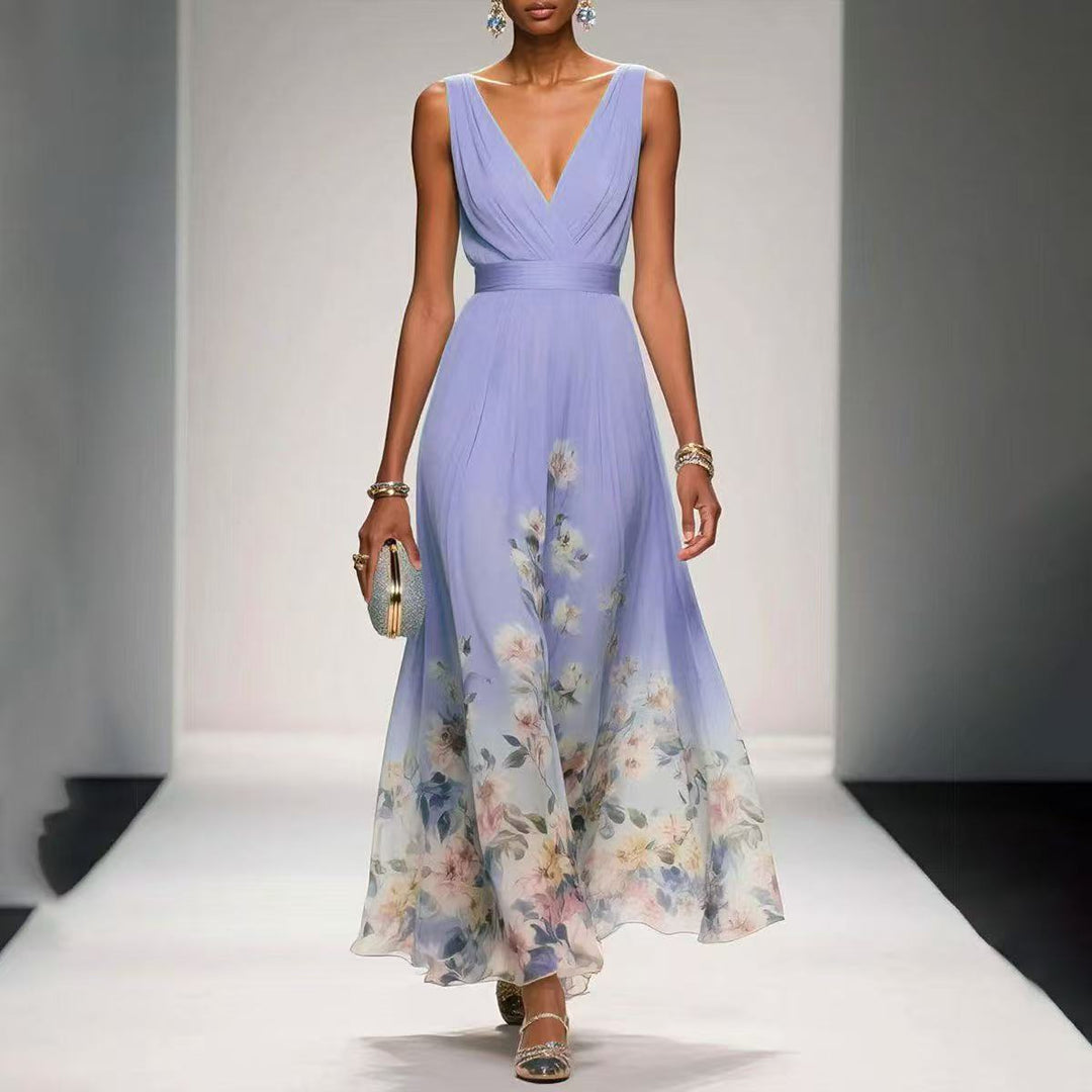 Robe maxi sans manches pour femme à imprimé floral en bordure - col en V