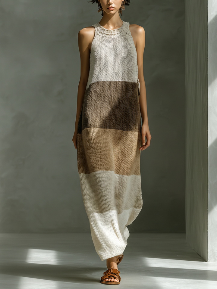 Women's Neutral Color Block Knit Maxi Dress With Halter Neck & Side Slits