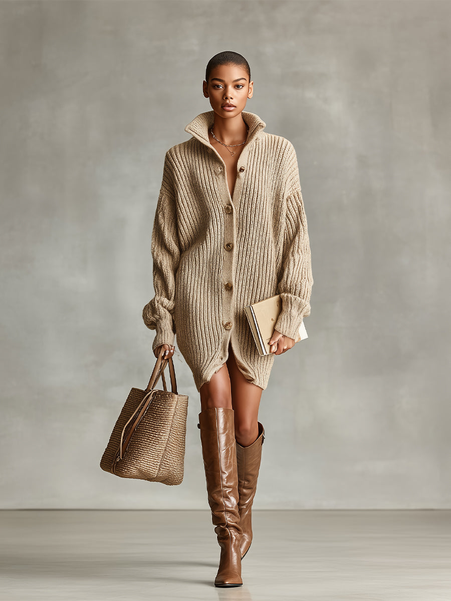 Robe mini femme camel élégante en cardigan oversize boutonné devant