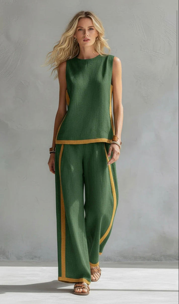 Leila - Elegant and casual vest and pants set in gray cotton and linen with two-tone edges.