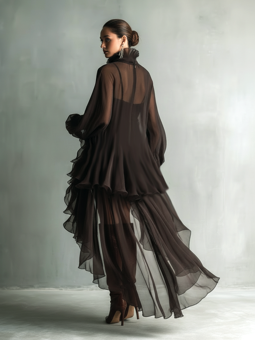 Women's Elegant Brown Chiffon High-neck Long-sleeved Loose-fitting Midi Dress