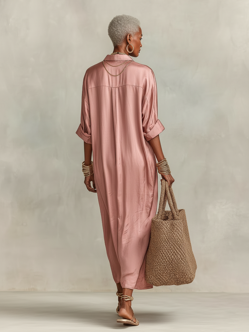 Women's Minimalist Faux Acetate Single-breasted Shirt Maxi Dress