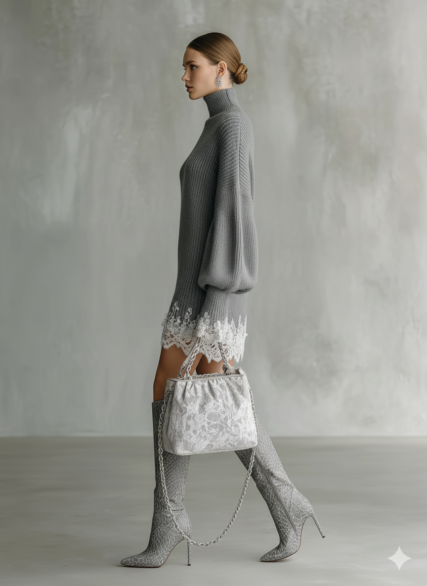 Minivestido cómodo de punto gris con cuello alto y encaje blanco para mujer