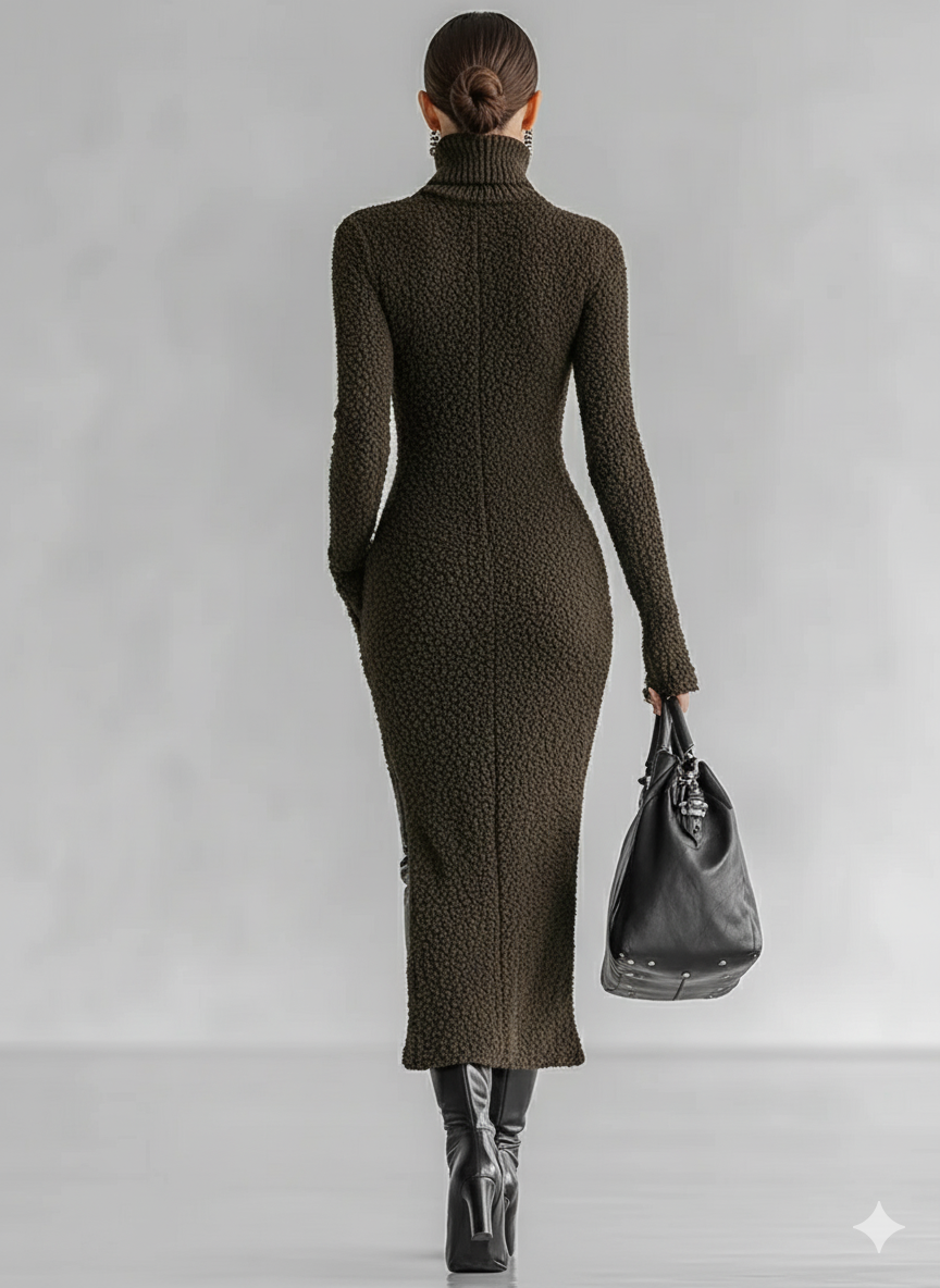 Robe midi ajustée en maille pelucheuse à col montant et fente latérale pour femme