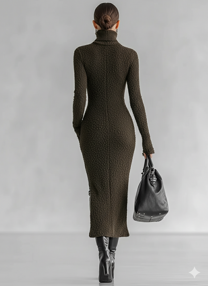 Robe midi ajustée en maille pelucheuse à col montant et fente latérale pour femme