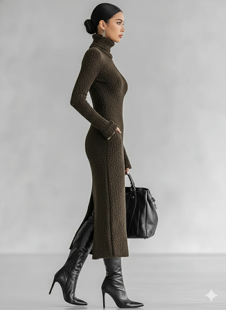 Robe midi ajustée en maille pelucheuse à col montant et fente latérale pour femme