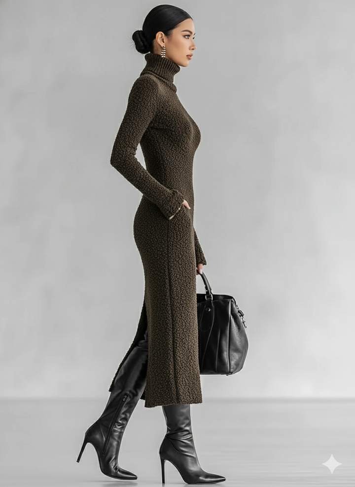 Robe midi ajustée en maille pelucheuse à col montant et fente latérale pour femme