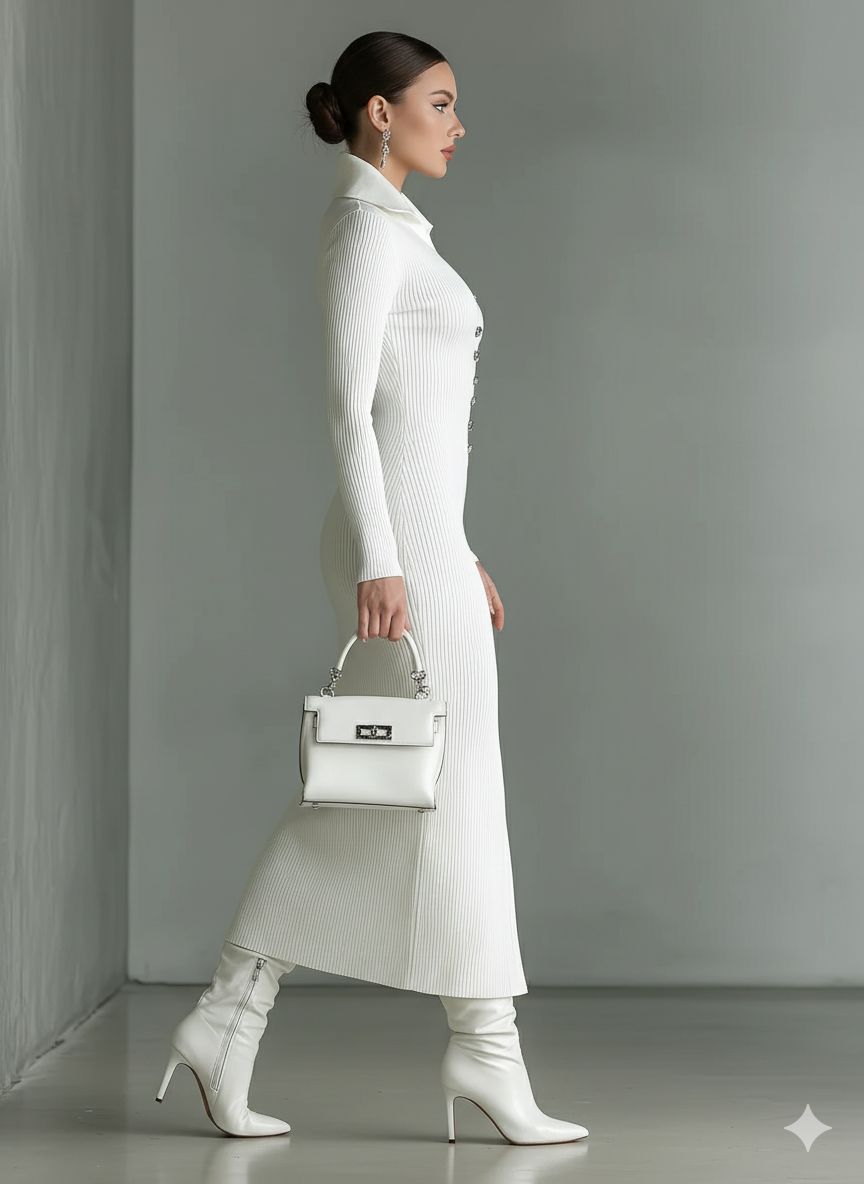 Vestito midi da donna in maglia bianca a collo alto e vestibilità slim