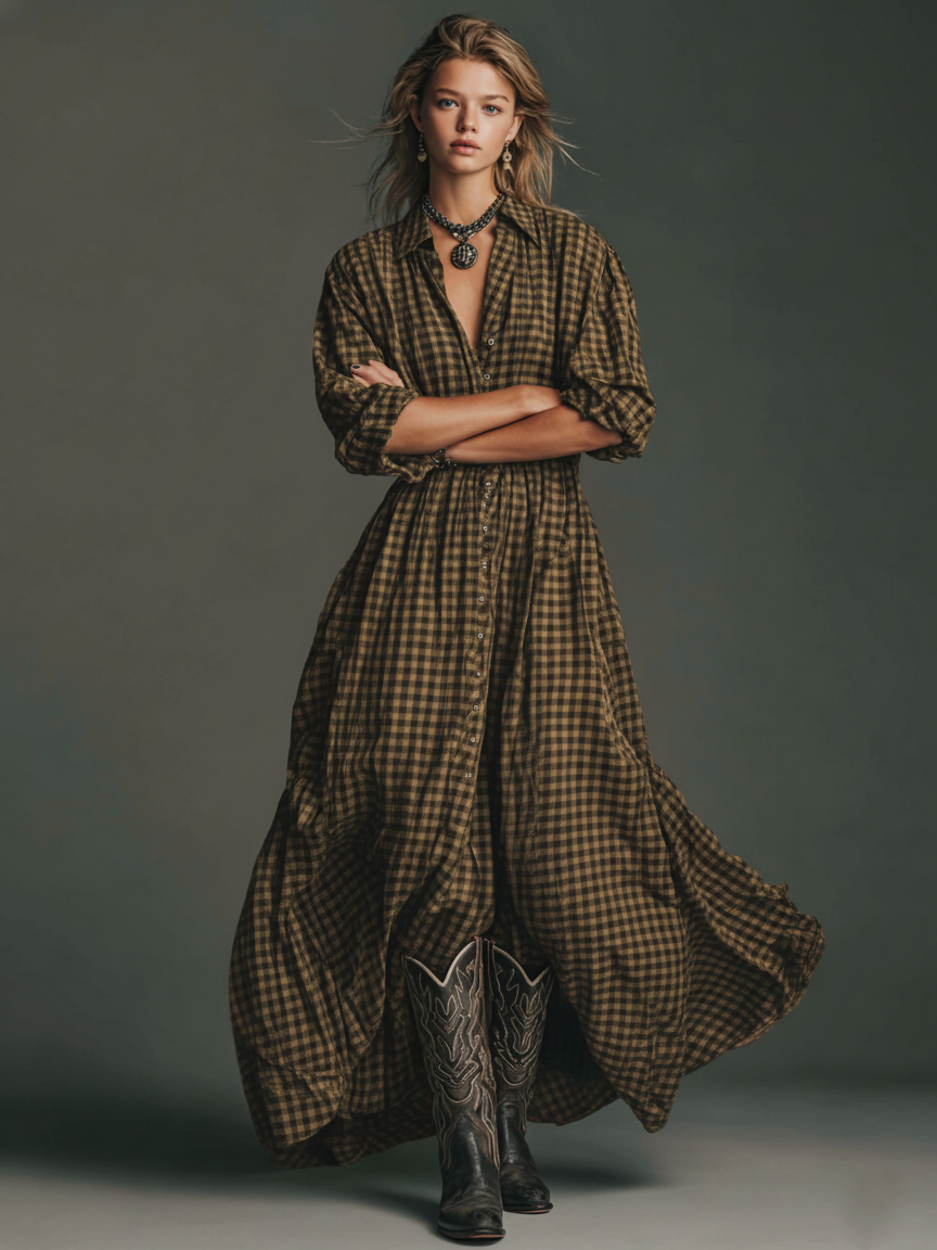 Women's Plaid Long Sleeve Shirt Maxi Dress