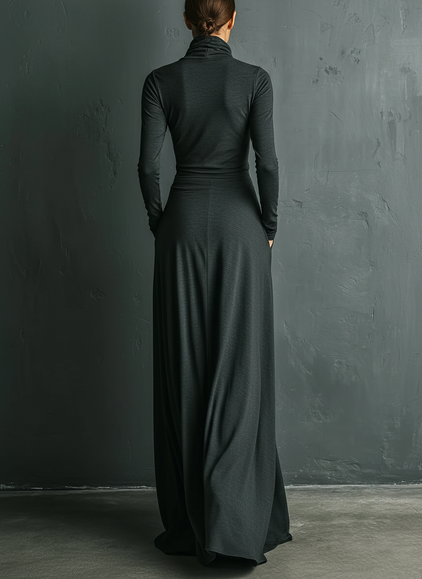 Dámské elegantní antracitové maxi šaty z elastické polyester-bavlněné směsi s rolákem a volánem