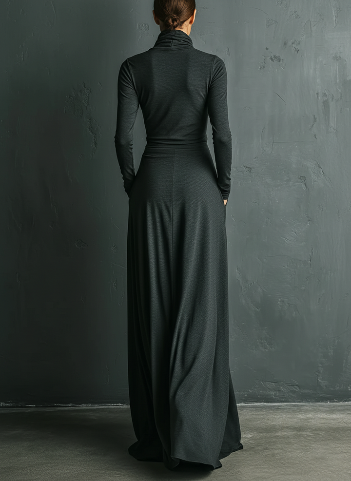 Dámské elegantní antracitové maxi šaty z elastické polyester-bavlněné směsi s rolákem a volánem
