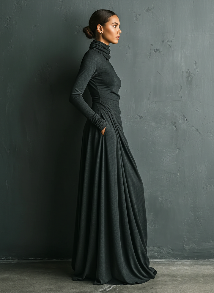 Dámské elegantní antracitové maxi šaty z elastické polyester-bavlněné směsi s rolákem a volánem
