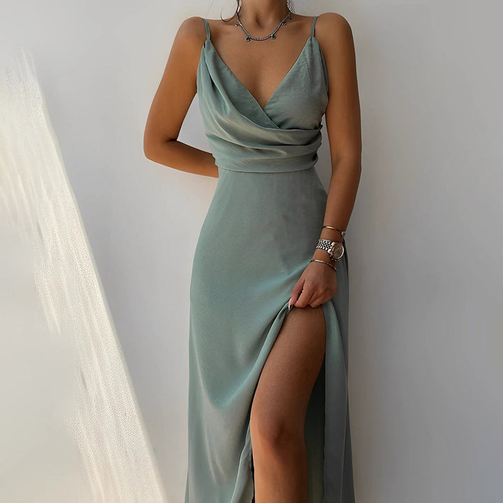 Women’s Elegant V-Neck Maxi Dress with Spaghetti Straps