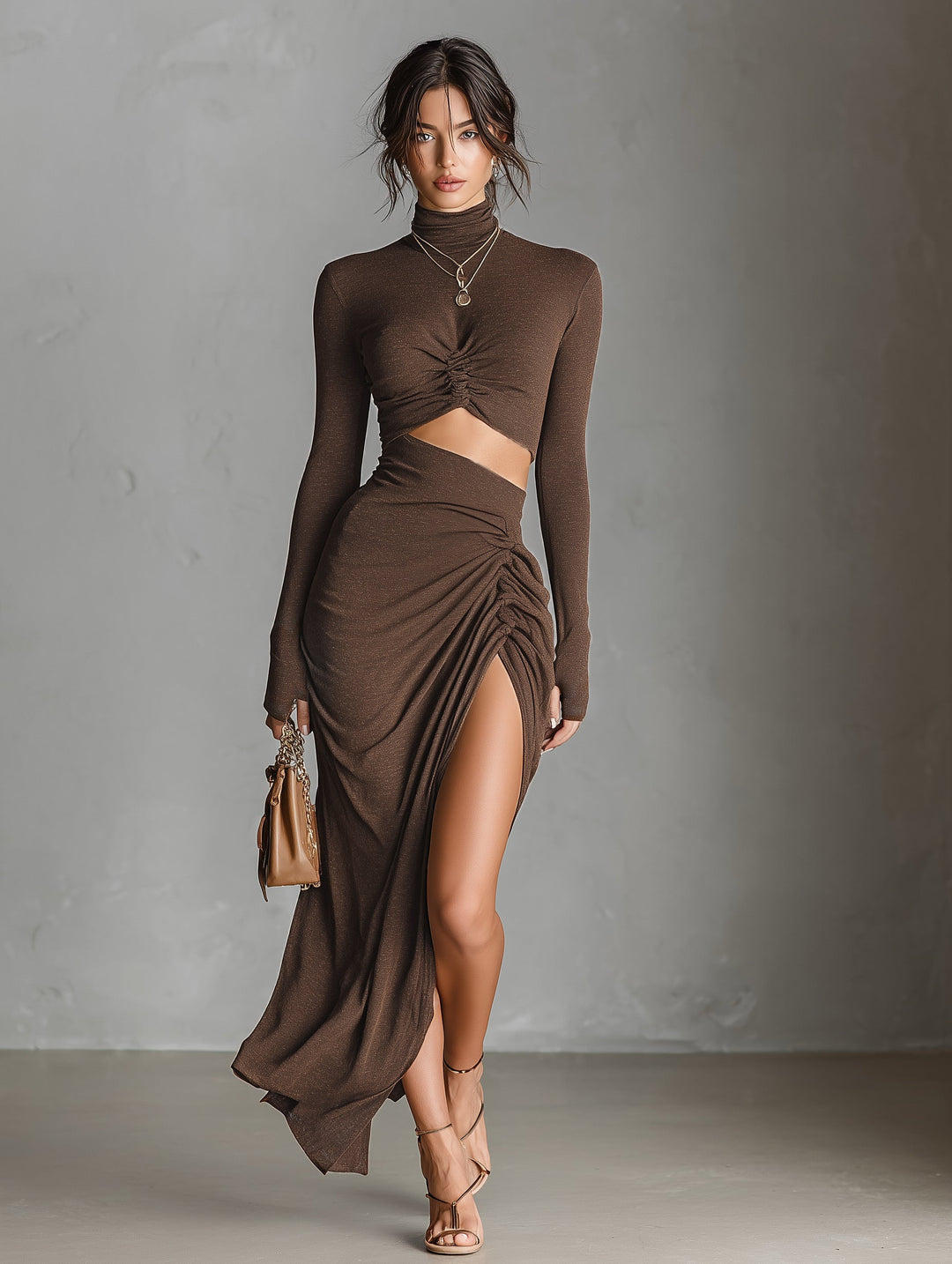 Vestito da donna marrone in maglia elasticizzata a maniche lunghe alla moda