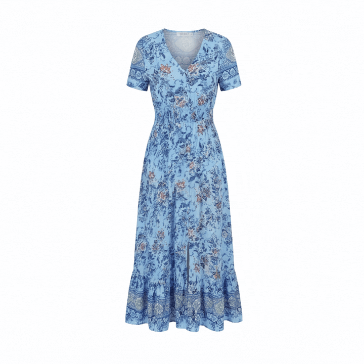 Women's Maxi Floral Dress with V-Neck and Short Sleeves