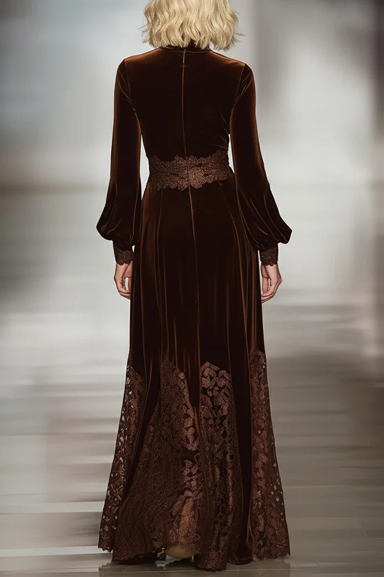 Lesie | Elegant Maxi Velvet Dress with Turtleneck and Lace