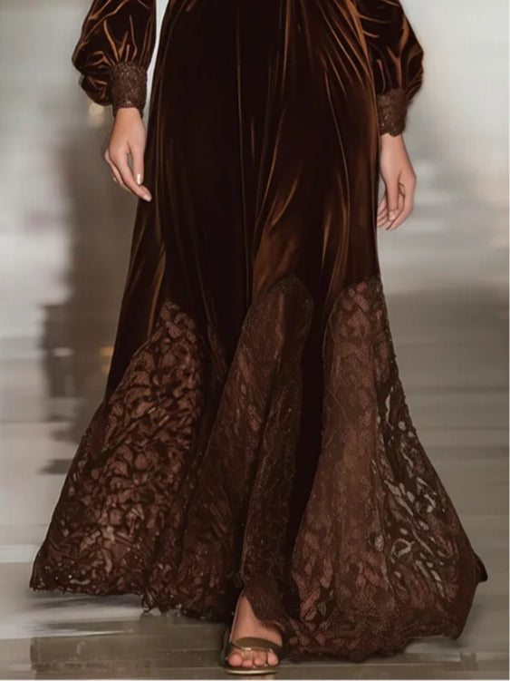 Lesie | Elegant Maxi Velvet Dress with Turtleneck and Lace