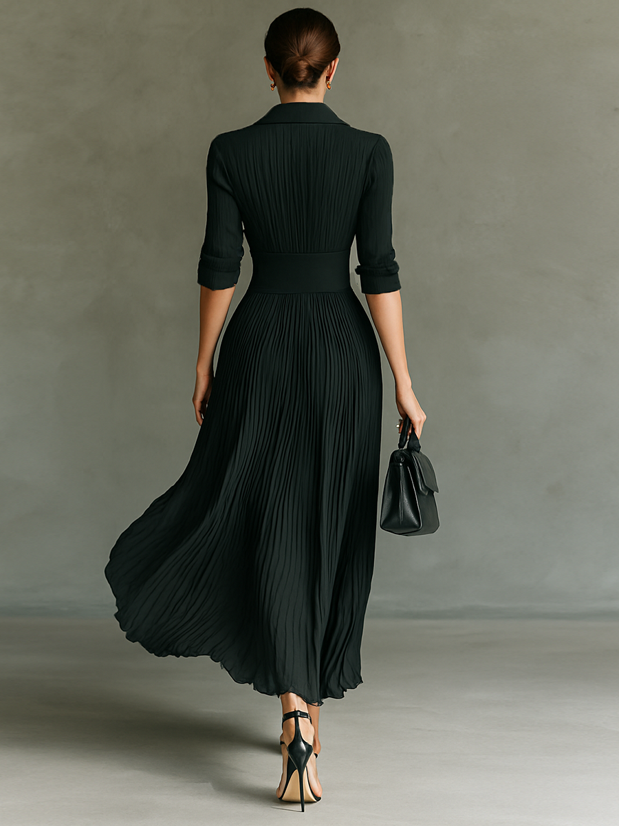 Vestido largo de manga larga con solapa plisada y cintura de color liso para mujer