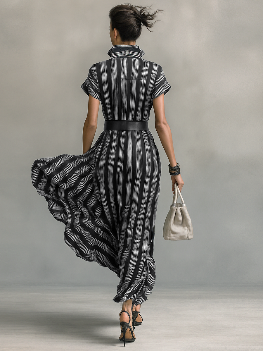 Women's Chiffon Striped Printed Lapel Short-sleeved Belted Maxi Dress