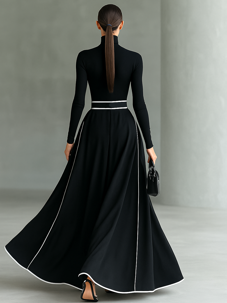 Women's Black Stitching White Trim High Collar Long Sleeve Tight Belt Maxi Dress