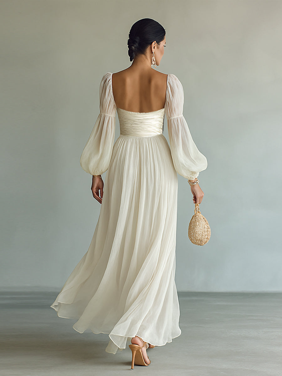 Vestido Longo Feminino de Chiffon com Decote Quadrado e Manga Longa na Cintura