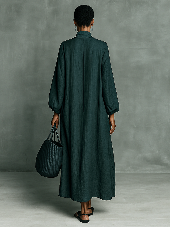 Women's Loose Cotton And Linen Blend Shoulder Embroidery Half-high Collar Long-sleeved Maxi Dress
