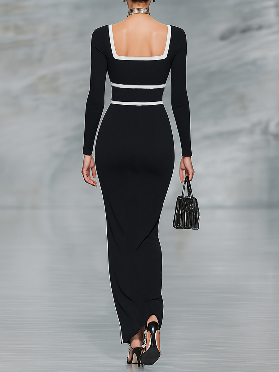 Abito lungo da donna nero e bianco con scollo quadrato, maniche lunghe e vestibilità aderente