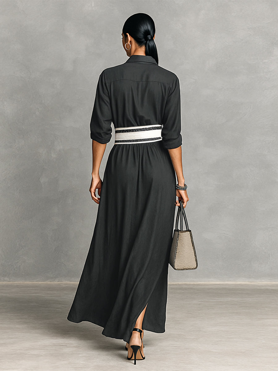Vestito lungo da donna monopetto con revers in finta organza, maniche lunghe e vita aderente
