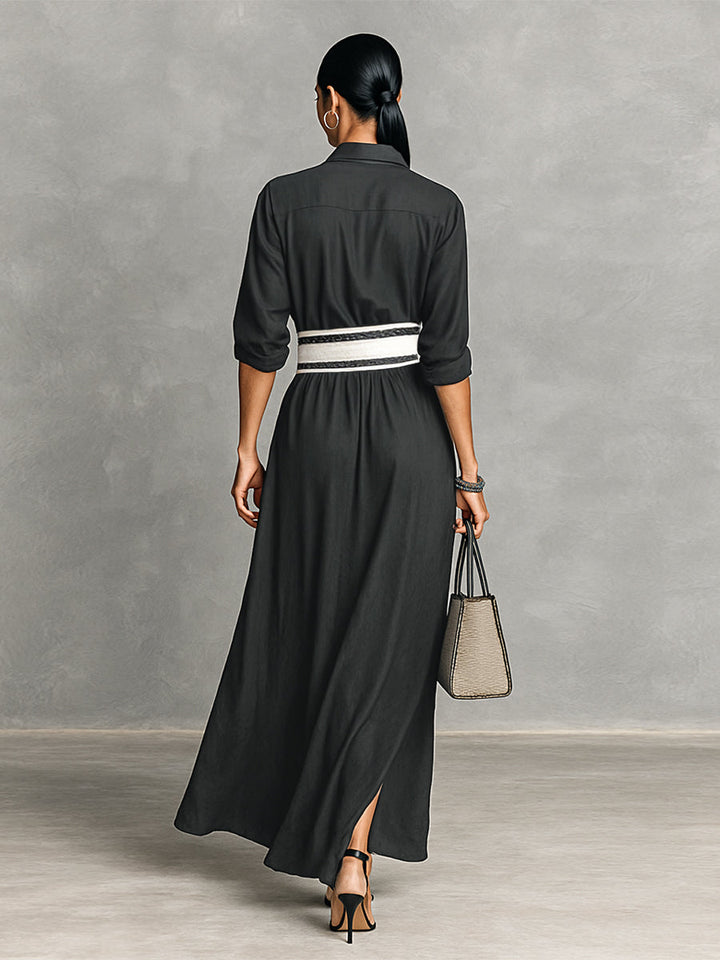 Vestito lungo da donna monopetto con revers in finta organza, maniche lunghe e vita aderente