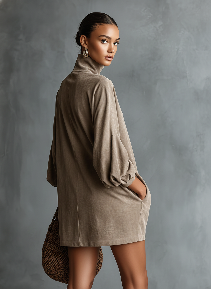 Vestido curto feminino minimalista solto de camurça sintética com gola alta