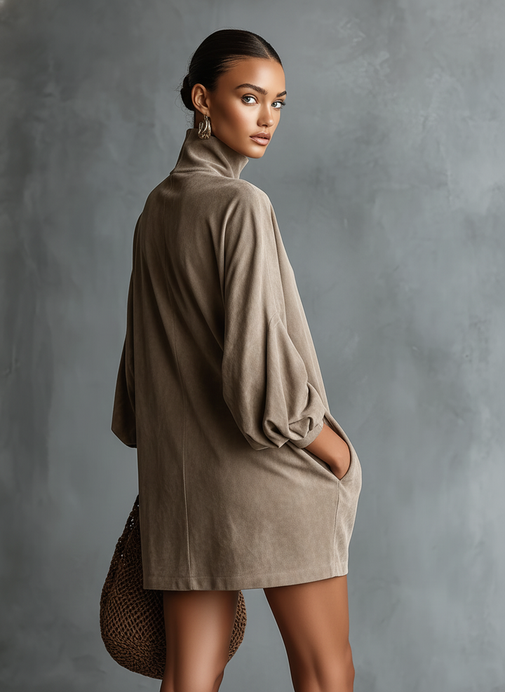 Vestido curto feminino minimalista solto de camurça sintética com gola alta