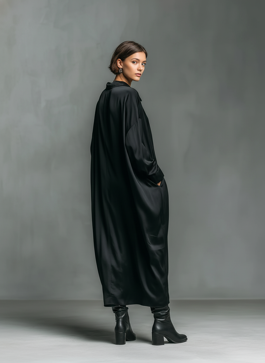Women's Fashionable Casual Black Glossy Satin Long-sleeved Loose-fitting Maxi Dress With Pockets