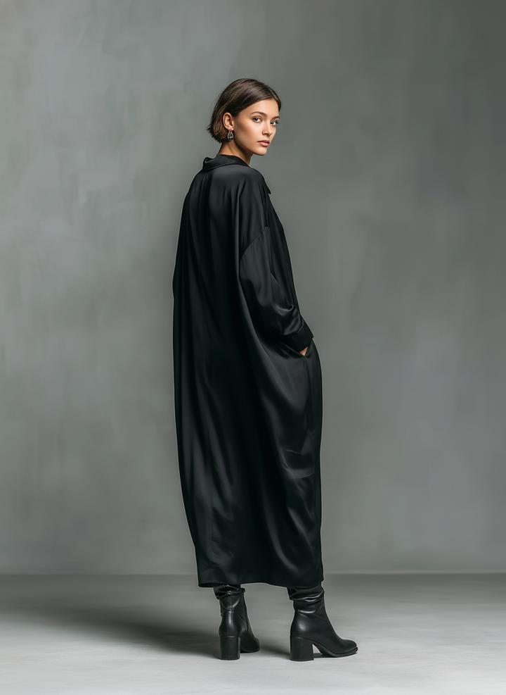 Women's Fashionable Casual Black Glossy Satin Long-sleeved Loose-fitting Maxi Dress With Pockets
