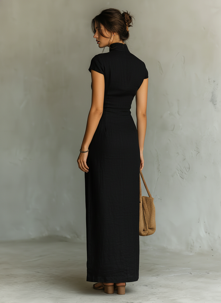 Women's Minimalist Cheongsam Collar Cap Sleeves Side Slit Maxi Dress