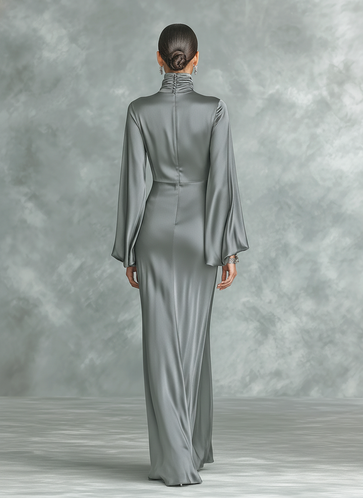 Women's Fashionable Grey Satin High-neck Long-sleeved Loose-fitting Maxi Dress