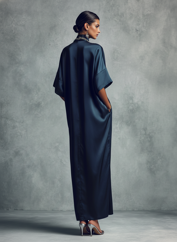 Women's Chinese-style Navy Blue Stand-up Collar Button Midi Dress