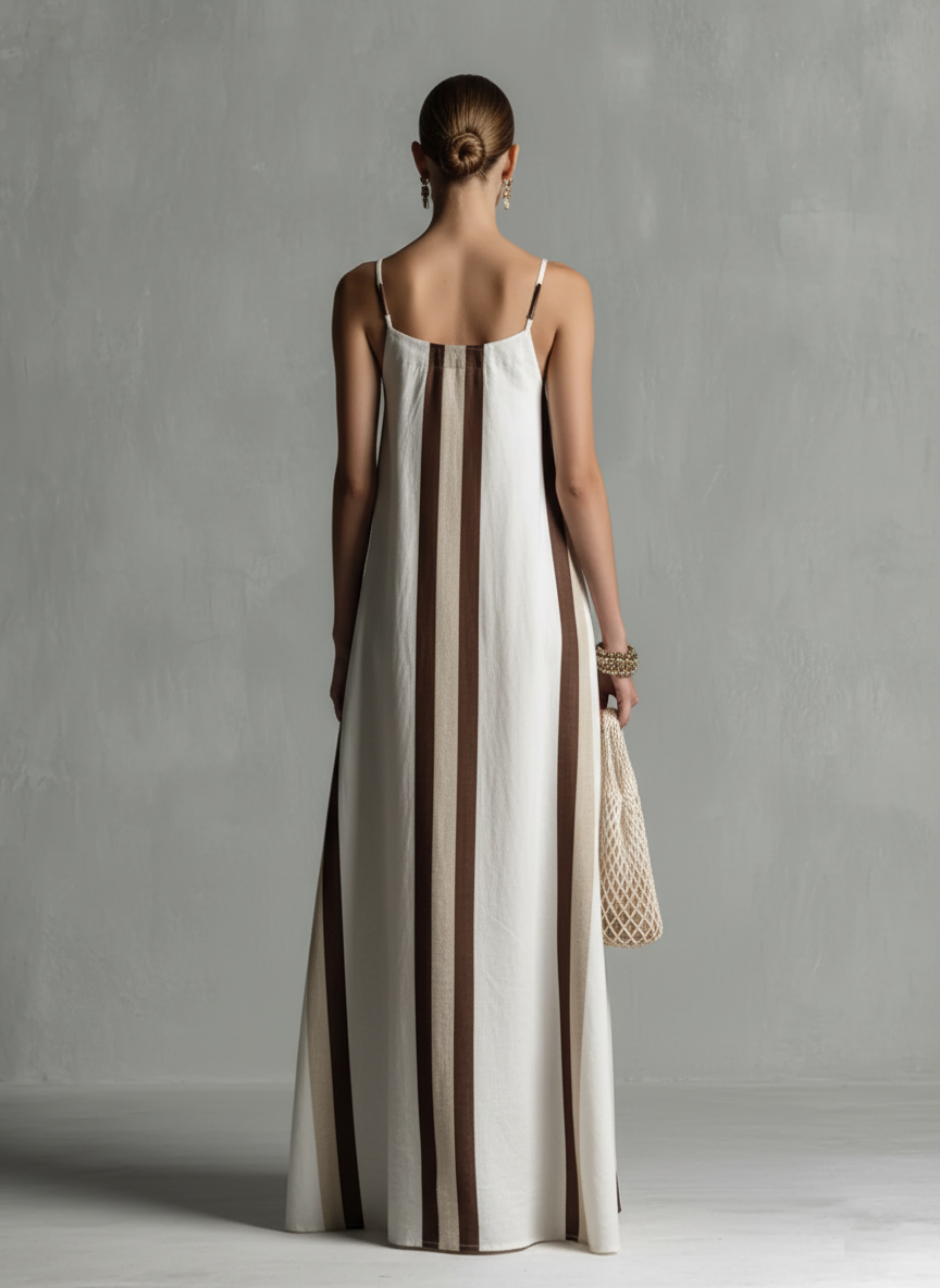 Women's Minimalist Style Beige And Brown Striped White Cotton Linen Slip Dress