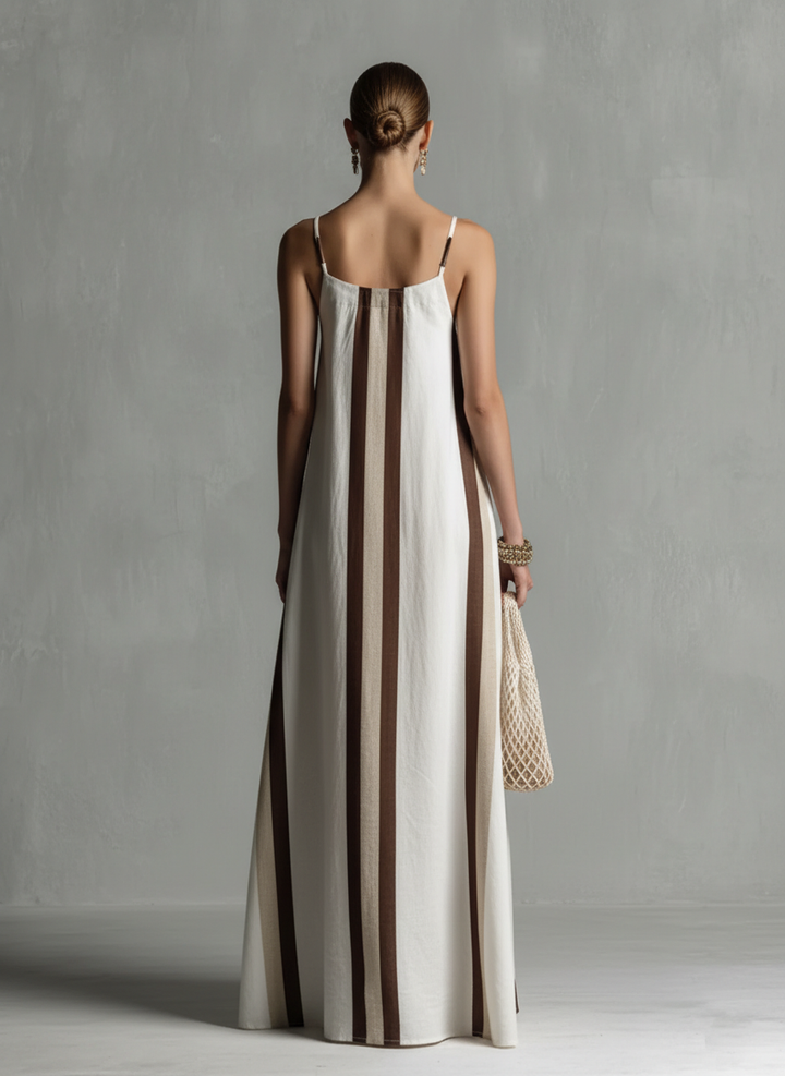 Women's Minimalist Style Beige And Brown Striped White Cotton Linen Slip Dress