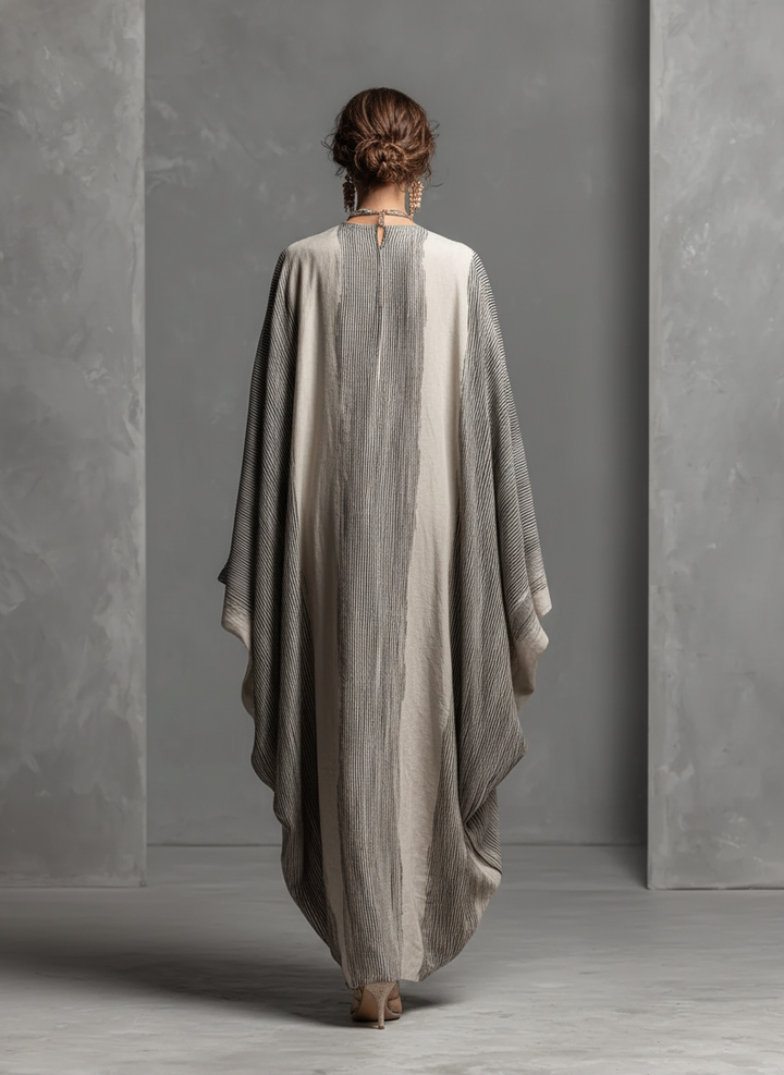 Women's Boho Striped V-Neck Cotton Linen Oversized Kaftan Maxi Dress