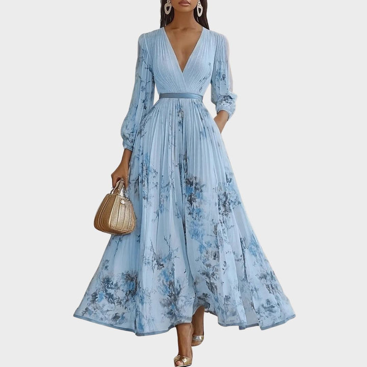 Women's Maxi Dress with V-Neck and Long Sleeves